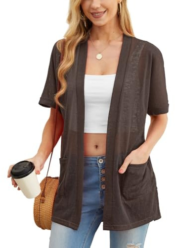 PrinStory Cardigan d'été léger à manches courtes pour femme avec poche décontractée ouverte sur le devant et col en V