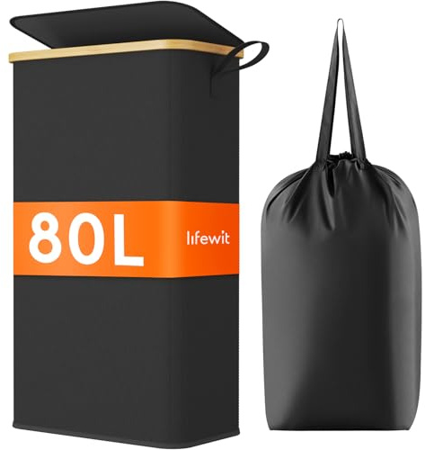 Lifewit Cesto Ropa Sucia Estrecho con Tapa, Cesto de Ropa Plegable con Bolsa Extraíble y Asa, Cesta Ropa Sucia de Bambú, Cubo de Ropa para Dormitorio, Baño, Lavandería, Dormitorio, 80 L, Negro