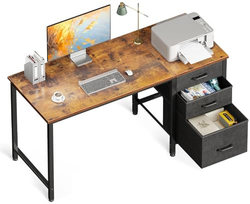 Coleshome Computer Desk with Drawers, 120×48cm Office Desk with Storage, Reversible Small Desks for Home Office, Vintage Brown