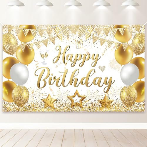 PartyYaa Striscione per compleanno, striscione di compleanno, decorazione extra grande, per feste di compleanno, macchina fotografica di sfondo, decorazione per uomini e donne (bianco oro)