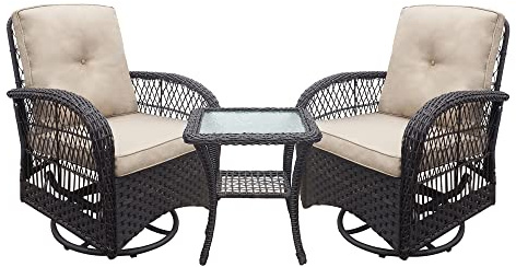 ATR 3 Pieces Garden Swivel Rocking Bistro Sets,Rattan Outdoor Furniture Sets with 2 Swivel Wicker Rocking Chairs and Coffee Table,All-Weather PE Rattan Patio Conversation Furniture,Khaki | 2 Swivel Wicker Rocking Chairs and Coffee Table,All-Weather PE Rattan Patio Conversation Furniture for Balcony