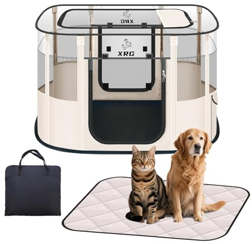 Dog Playpen with Waterproof pad,Portable Pet Crate Kennel Tent,Cat Cages Indoor Breathable Mesh Collapsible Dog Crates Playpen for Dogs Cat and Rabbit Travel Indoor & Outdoor(Large, Beige)