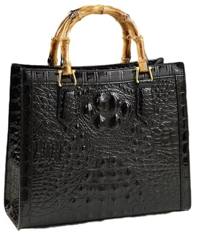 Crocodile Pattern Leather Women's Bag Real Bamboo Top-Handle Satchel Handbags Portable Tote Bag Shoulder Messenger Bags (Black)