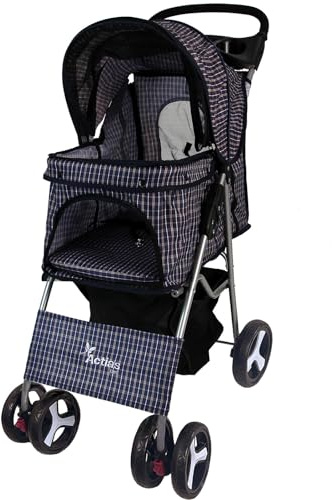 Actiaspet - Foldable Pet Stroller with Swivel Wheels | 15kg Carrying Capacity Collapsable Pet Push Chair Buggy (Blue Tartan, Stroller)