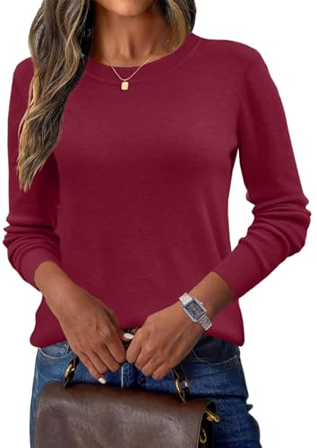 Yutdeng Sueter Mujer Jersey Lana Elegante Manga Larga Sweater Cuello Redondo Jerseys Invierno Otoño Suéter Cómodo Basico Jersey de Punto Fino Jerséis para Mujer Pullover Camiseta Jersei,Burdeos,XL