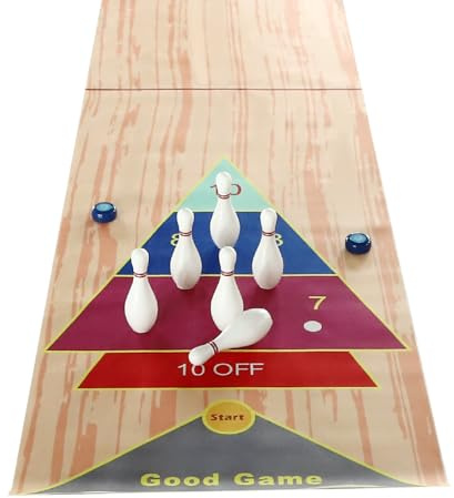 Shuffleboard Table-Top Game 3-in-1 Tisch Curling Spiel 1.68kg Shuffleboard Set mit 3.6*0.57m Bahnmatte, 8 Steinen 6 Bowlingflaschen,Curling-Spiel Tabletop Tischspiel für Indoor-Familienspiele
