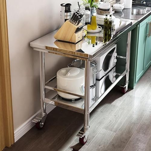 NQNFWCRJ Tavolo da Lavoro in Acciaio Inossidabile 304 Rinforzato H80Cm Con Ripiano a 2 Livelli E 3 Bordi Perimetrali 4 Ruote Con Freno Disponibile in Diverse Dimensioni