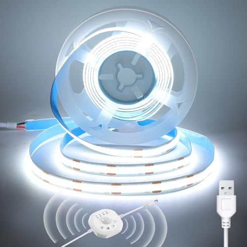 luktix Tira LED COB Sensor Movimiento 2m sin puntos, On y Off Auto, 4 temporizadores, día/noche, Tira LED Blanca Frio Activada por Movimiento para Escaleras, Camas, Armarios y Cocinas, 6000k