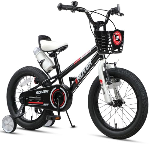 Glerc Rover barncykel 16 tum för barn 4 5 6 7 år pojkar flickor cyklar med flaska och stabilisatorer och korg, svart