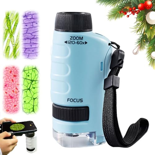 Microscope Enfant Portable, 60x - 120x Mini Microscope de Poche pour Cadeaux de Noël, Jouet Scientifique Éducatif (Bleu)