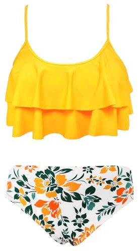 SHEKINI Maillots de Bain Deux Pièces Filles Imprimé Volants Réglable Halter Bikini Top Tankini Set Filles 2 Pièces Triangle Bas de Bikini de Plage pour 6-14 Ans(12-14 Years, Jaune/Fille)