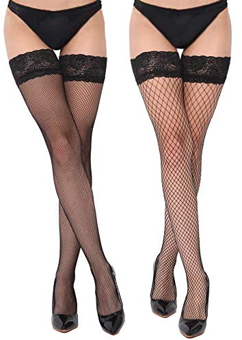 SOUTHRO 2 Pairs Women’s Fishnets Thigh High Stockings Tights Socks With Lace Top (US, Alpha, One Size, Regular, Regular, Black-2-Pairs)