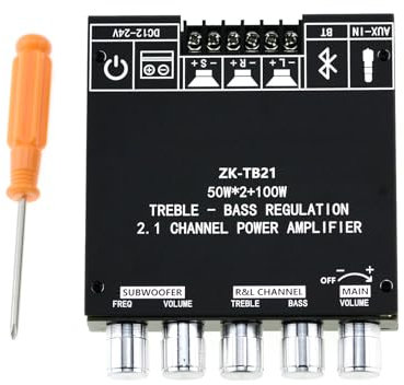 FamilyMall Bluetooth Subwoofer Amplifier Board Hifi Stereo 2.1 with Treble and Bass Control Regulation 2X50W+100W DC 12V-24V Audio Power Amplifier Module AUX Input for Store Home Theater Speakers
