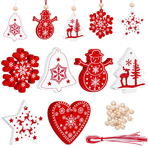 Kiiwah 30 Stück Holz Weihnachten Anhänger, Weihnachten Holzanhänger mit Baumwollfäden und Perlen für Weihnachtsbaumschmuck (Rot, Weiß)