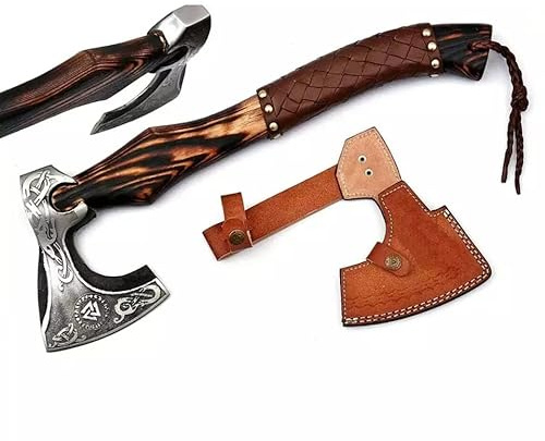Hand Forged Etched Viking Axe – 20” inches Ash Wood Handle Camping Axe with Leather Sheath – High Carbon Steel Hatchets and Axes, Wood Splitting Axe, Throwing Axes - Gift for HIM (Valknut Axe)