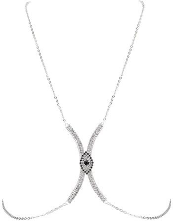 NICENEEDED Chaîne de Lingerie de Poitrine en Strass, Chaîne de Poitrine de Bikini Sexy Evil Eye, Chaîne de Bijoux de Corps de Soutien-Gorge de Plage en Cristal Scintillant pour Femmes