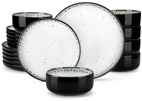 vancasso Playa Plates and Bowls Set, 18-Piece Reactive Glaze Dinner Sets for 6 People, Mediterranean Crockery Set with Dinner Plates, Dessert Plate and Cereal Bowls.