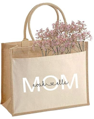 Generisch MOM Jutetasche mit deinen Initialien personalisiert Mama Nachhaltige Geschenk-Tasche Jutebeutel Einkaufstasche aus 100% Jute und Baumwolle