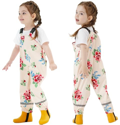 Kids Waterproof Rain Bib Pants, Girls Rain Pants Kids Overalls Rain Trousers Lightweight Mud Pants Rainwear for Toddlers