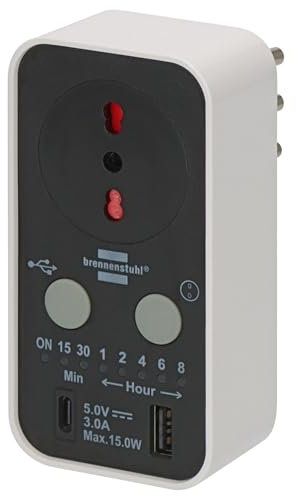 Minuterie Prise électrique Brennenstuhl, Prise temporisée pour optimiser la consommation d'énergie, multiprise programmable avec 1 Prise USB-C et 1 Prise USB-A, IP20