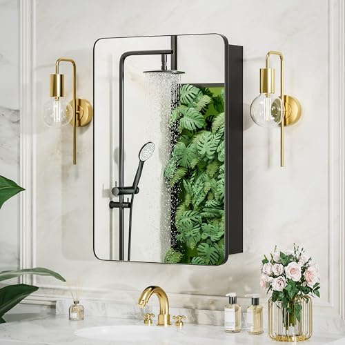 MemoCastle 16 x 24 Inch Medicine Cabinet with Mirror, Anti-Tip Acrylic Shelves All-Aluminum Rustproof, Pre-Assembled Recessed or Surface Mount, DTC Soft Close Hinge,Matte Black
