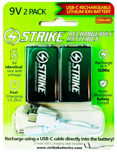 9V Battery Lithium Ion 2 Pack Smart LED 9V 3000mWh USB-C Rechargeable with Charging Cable, No Charging Box Needed!