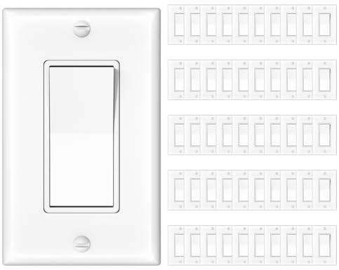 Amico 50 Pack Single Pole Light Switch with Wall Plate, UL Listed, 15A 120/277V, On/Off Rocker Paddle Interrupter Wall Switch, Grounding Screw, Residential Grade, Suitable for Home and Business, White