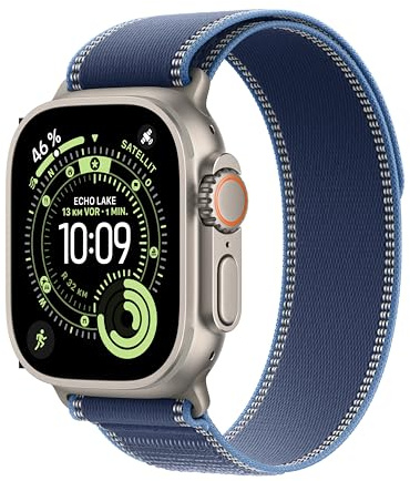 Apple Watch Ultra 3 GPS + Cellular 49 mm Premium Smartwatch für Lauftraining und Kombinationssport mit robustem Titangehäuse in Natur und Trail Loop in Blau/Hellblau (M/L)