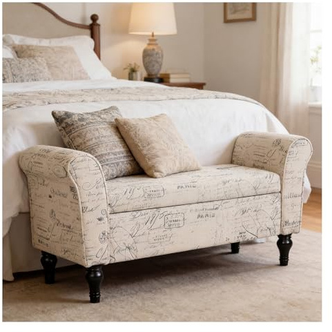 INMOZATA Upholstered Window Seat with Storage, 114.5cm Rolled Arm Ottoman Bench with Hidden Storage, Linen Fabric Entryway Bench for Bedroom, Living Room, Hallway (Vintage Postmark Design)
