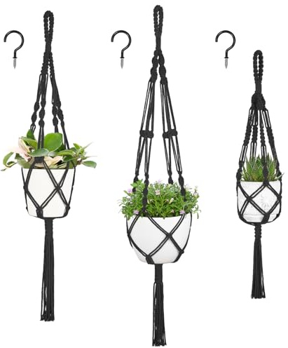 Muorruo Pack de 3 colgadores de Plantas de macramé, Diferentes tamaños, cestas Colgantes para Interiores, Decorativas, Soporte de Flores, Estilo Bohemio, para decoración Interior y Exterior, Negro