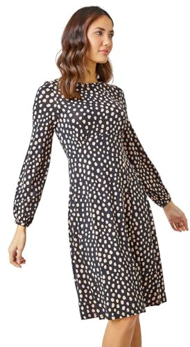 Roman Originals Women Gathered Chest Dress Ladies Stretchy Fit & Flare Swing Tea A Line Skater Knee Length Long Sleeve Midi Smart Casual Work Going Out Cocktail Party - Black & Natural - Size 12