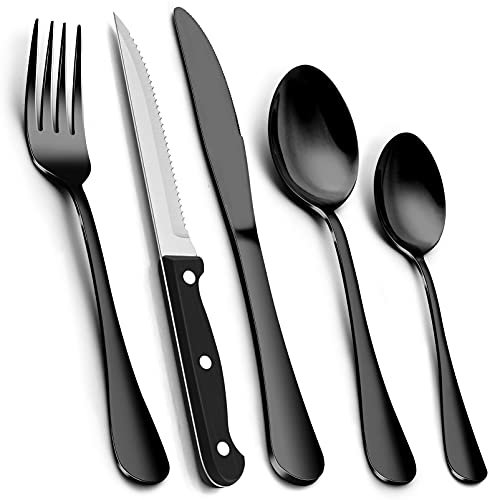 30 Piece Black Cutlery Set with Steak Knives, Homikit Stainless Steel Flatware Silverware Sets Service for 6, Elegant Tableware Set Included Knives Forks Spoons, Mirror Polished, Dishwasher Safe