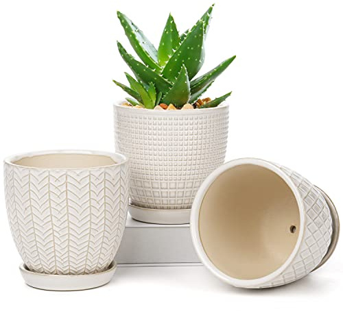 Oairse 3PCS Plant Pots Indoor Ceramic Flower Pots Round Garden Planters with Saucer Tray + Drainage Holes, Succulent Plant Pot/Cactus Plant Pot, 11CM