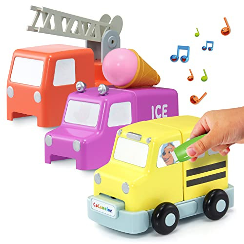 WOW! STUFF - CoComelon Toys Build and Reveal Musical Vehicles, School Bus Fire Engine and Ice Cream Van, Sounds and Songs with Mystery Surprise Reveal, for Toddlers, Girls and Boys, Ages 2,3,4 and 5