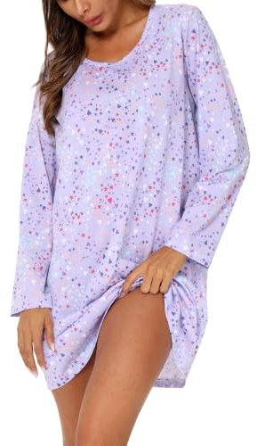 MIA LUCCE Chemise de Nuit Femme Manches Longues Coton Chemises de Nuit Femme Vêtement De Nuit Rond S-3XL