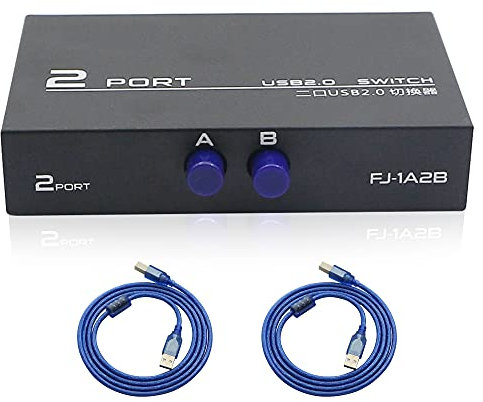 QIANRENON USB B Printer Sharing Switch 2-Port USB 2.0 Switch Adapter für die gemeinsame Nutzung von USB-Geräteports zwischen 2 Computern (2 Switch) mit 2er-Pack USB 2.0-Steckerkabel