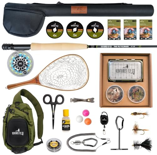Ventures Fly Co. | Weekend Warrior Starter Package | 23 Fly Fishing Accessories Complete Combo | Includes Rod, Reel, Line, Flies, Leader, Tippet, Forceps, Nipper, Net, Sling Pack, and More!