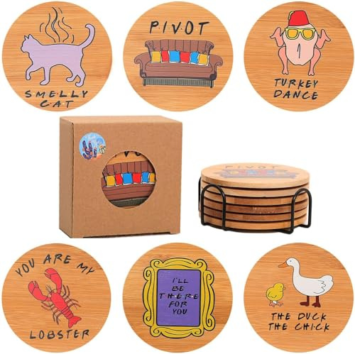 Posavasos con soporte, 6 piezas de bambú para protección de mesa, regalos de programas de televisión para amigos, regalos de inauguración de la casa para amigos