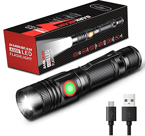 DARKBEAM Torcia LED USB ricaricabile 2000 ad alti lumen, torce tascabili piccole e luminose, luce flash portatile resistente all'acqua zoomabile per campeggio, corsa, emergenza con batterie
