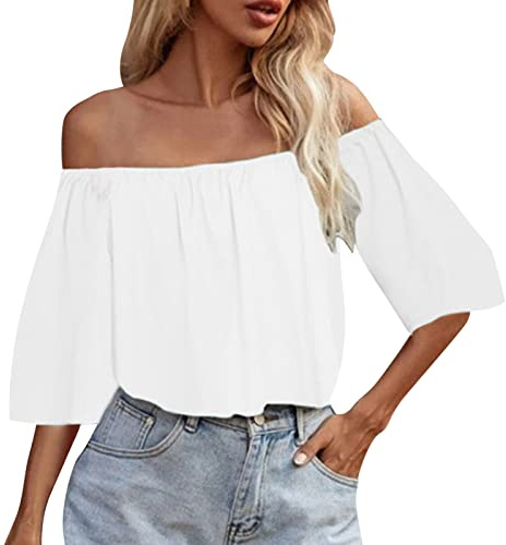 VEMOW Camisa Camiseta Mujeres Sexy con Hombros Descubiertos Sexy Raya Blusa Casual Top Shirt Verano de Estampado de Flores Manga Larga Multicolor Tops TeñidoTops con Manga de Linterna(J Blanco,L)