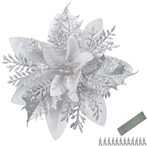 Morofme 12 pezzi 5,5 pollici stelle di Natale argentate fiori artificiali di Natale con clip e steli decorazioni scintillanti per albero di Natale per ghirlande di Natale festività decorazione