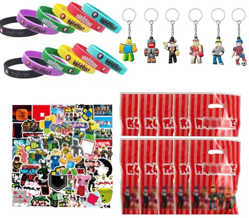 PYTRARTY Robllox Decoraciones de Fiesta de Cumpleaños,Suministros Decoraciones Robllox Cumpleaños,12 pulseras,10 bolsas de regalo,6 Keychains,50 Robllox Stickers