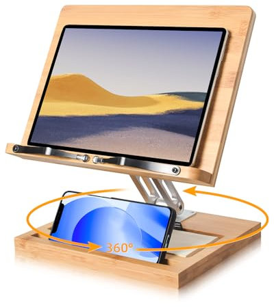 wishacc Verstellbarer Buchständer zum Lesen, 360-Grad-Buchhalter, freihändig mit Handy-Halterung und Akten-Organizer, faltbare Schreibtischerhöhung für Laptop, Rezept, Lehrbuch, Kochbuchständer