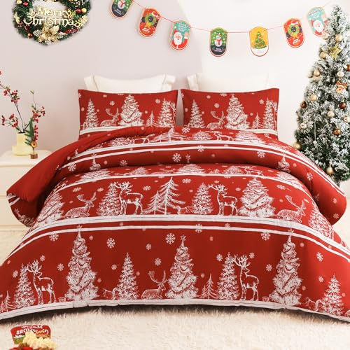 Exclusivo Mezcla Edredón Navideño sin Funda, Manta de Dormir Acolchada, Cálida y Suave con 2 Fundas de Almohada, Diseño Impreso Rojo, con Motivos Rayados de Árboles y Copos de Nieve, 220x230 cm