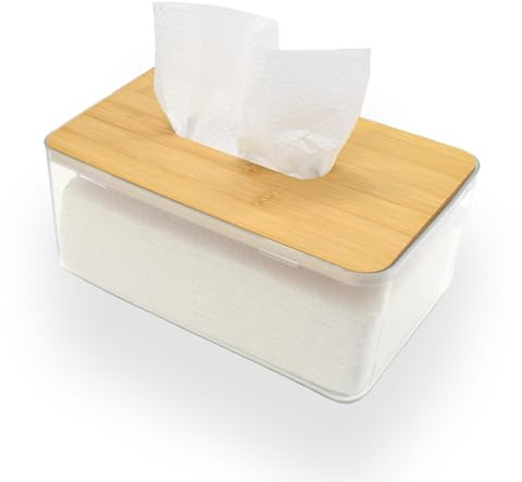 ieron Akryl näsdukslåda skyddshållare, modern transparent dispenserlåda med bambu trälock, ansiktsnäsdukar dispenser för badrum, sovrum, vardagsrum (stor)