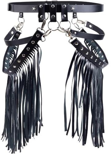 GORGECRAFT Ceinture à Pampilles Noire Vintage en Cuir PU Punk Large Longue Frange Mode Réglable Femmes Jean Jupe Ceinture Ceintures pour Halloween Fête Danse Cosplay Costume Déguisement