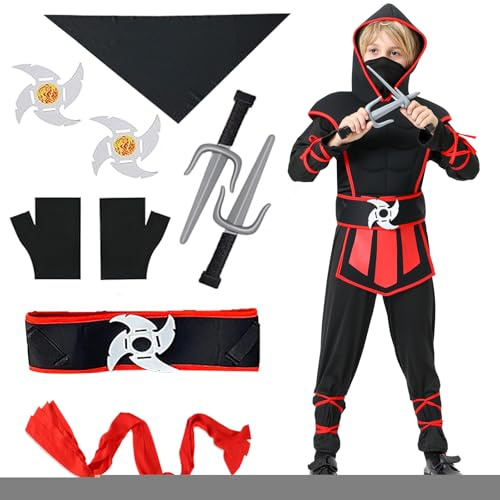 Y.A. LOTUS Costume Ninja de carnaval pour enfants, costume de Ninja d'Halloween pour garçons et filles, costumes de Noël pour jeux de rôle de Ninja (noir rouge, L)