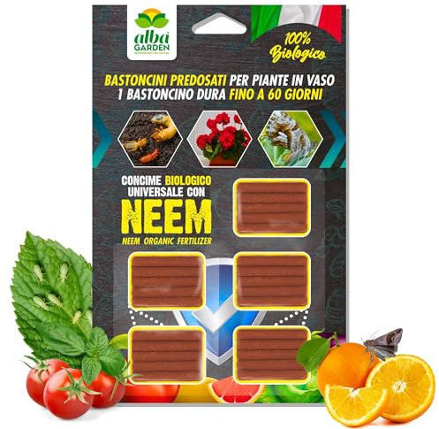 Albagarden - Concime in Bastoncini BIO Arricchite all'Olio di NEEM - Nutrimento e Protezione per Orchidee, Piante Verdi e Fiorite - Per Piante in Vaso da Interno ed Esterno (25 pz)