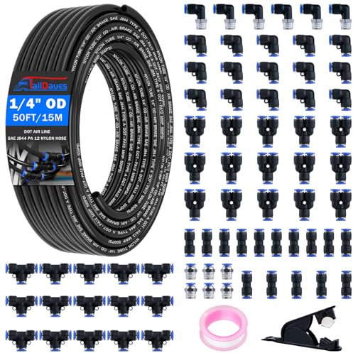 Taiidaues 1/4 Air Line Tubing Kit, 50 FT(15M) DOT Air Line PA Nylon Tubing with Push to Connect Fittings, 1/4 Inch OD Quick Connect Air Hose Kit for Compressor Accessories System (75 Pcs)