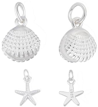 PH PandaHall 4 colgantes de concha de estrella de mar de plata de ley 925 con diseño de animales marinos, 2 estilos de metal para collar, pulsera, verano, playa, joyería, manualidades, 4 unidades,